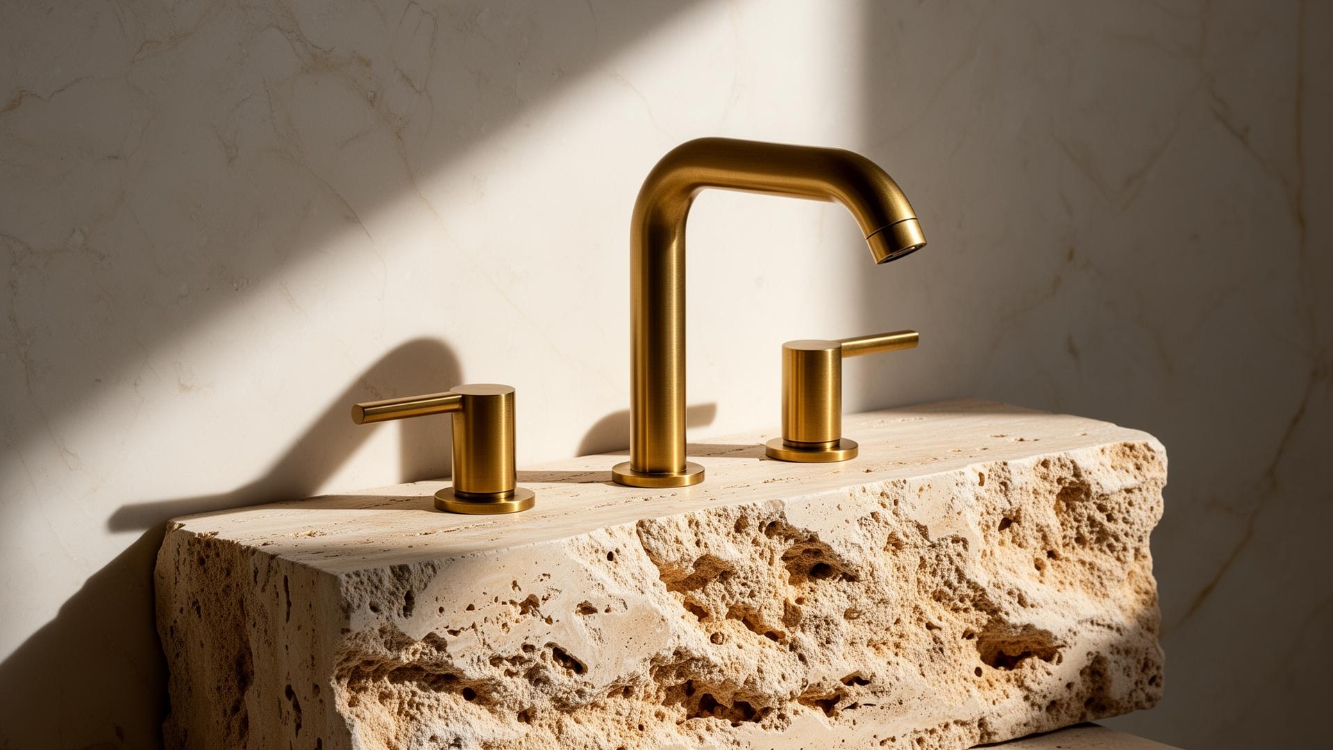 Brushed brass widespread bathroom faucet mounted on raw travertine stone